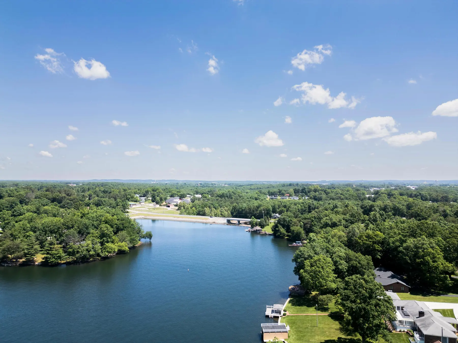 Aerial view across Lake Holiday and the Pointe Landing shoreline
