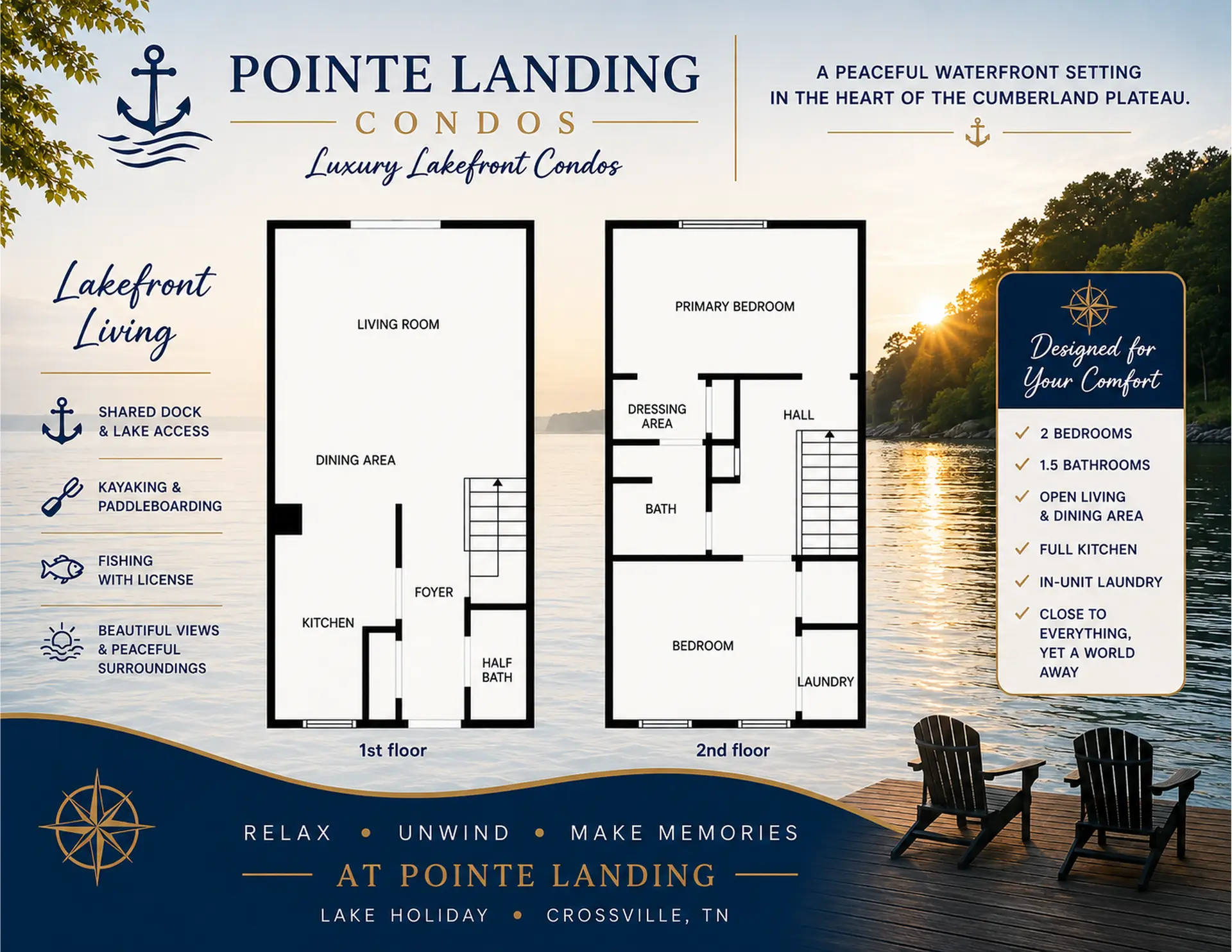 Two-level floor plan of the Pointe Landing vacation rental showing the kitchen, dining and living areas, two bedrooms, one full bath, one half bath, and laundry